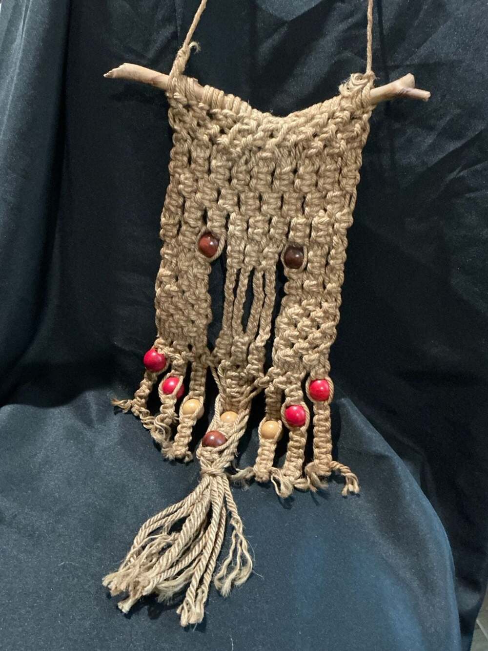 Vintage Handmade Macrame Wall Hanging Driftwood Jute Wood Beads Boho